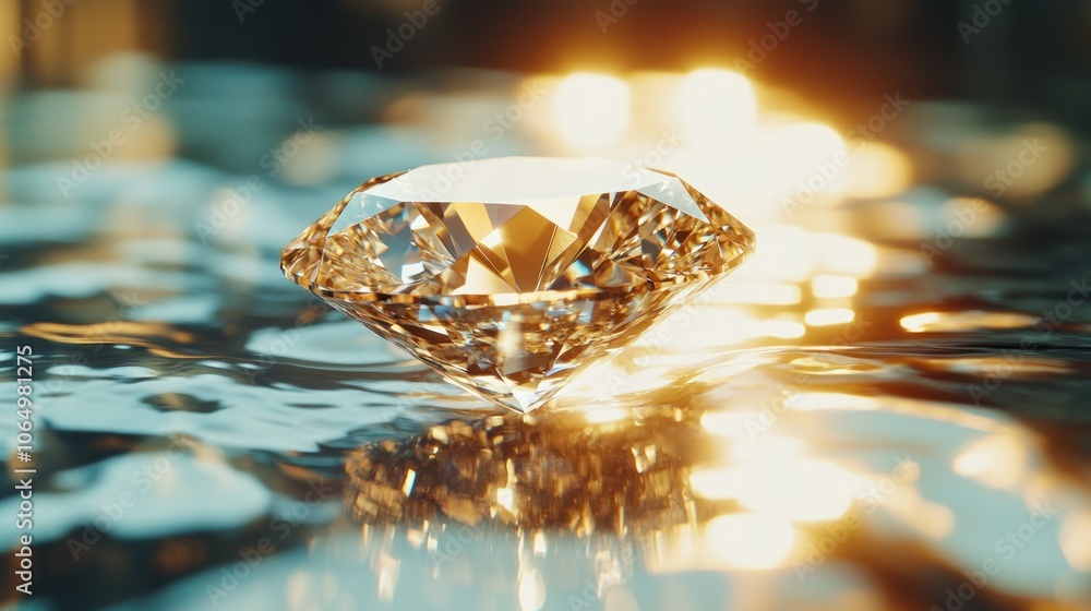 Poster a single diamond resting on a glass surface, surrounded by sharp reflections that amplify its brilli