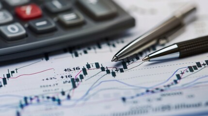 Business concept with charts graphs and macro shot stock chart with calculator and pen exchange