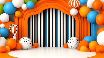 Fototapeta premium Abstract 3D Background with Orange Blue White and Black Spheres and Striped Wall