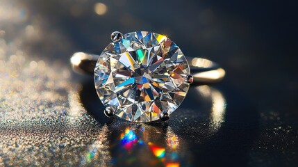 Fototapeta premium A solitaire diamond glowing with rainbow reflections, its light bouncing onto a glossy black surface