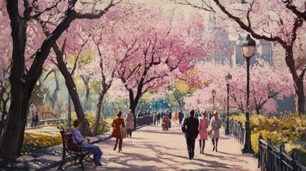 Fototapeta premium A scenic painting of a park path lined with cherry blossom trees in full bloom, with people walking and sitting on benches in the spring sunshine.