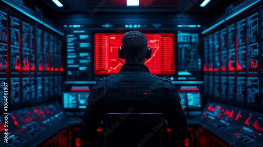 Poster cybersecurity specialist: a lone figure in a futuristic control room, bathed in red and blue light, 