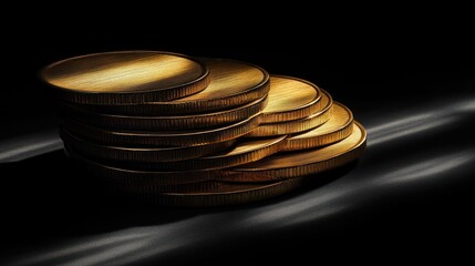 A stack of gold coins neatly arranged, casting long shadows under dramatic lighting