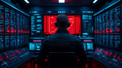 Cybersecurity Specialist: A lone figure in a futuristic control room, bathed in red and blue light, monitors a multitude of screens displaying complex data streams.