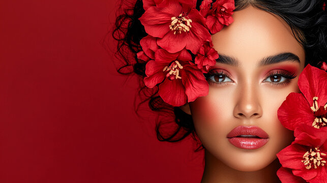 Beautiful young hispanic latina woman with flowers and petals on her face. Beauty parlor / valentines day horizontal banner concept, copyspace Red background.	
