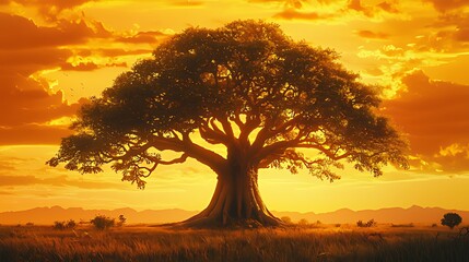 Fototapeta premium A lone tree stands tall against a vibrant orange sunset, casting a long shadow on the grassy savanna.