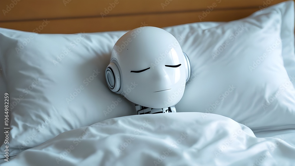 Poster sleeping robot in white bed - artificial intelligence and machine rest concept, humanoid technology 