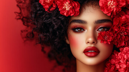 Naklejka premium Beautiful young hispanic latina woman with flowers and petals on her face. Beauty parlor / valentines day horizontal banner concept, copyspace Red background. 