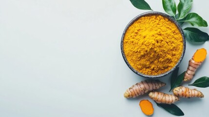 Golden Turmeric Powder in a Bowl with Fresh Turmeric