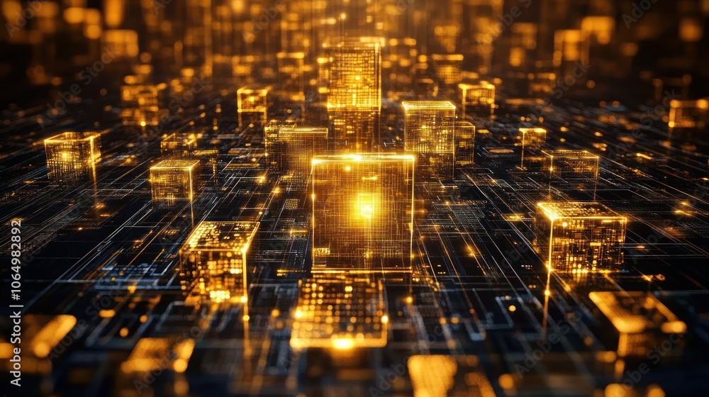Poster an abstract representation of gold being traded on digital platforms, with graphs and codes merging 