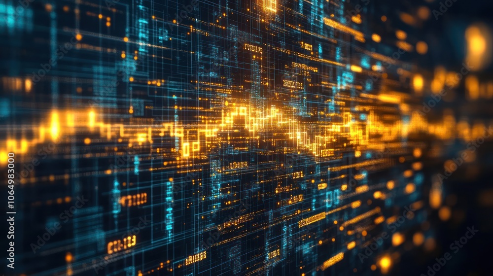 Poster an abstract representation of gold being traded on digital platforms, with graphs and codes merging 