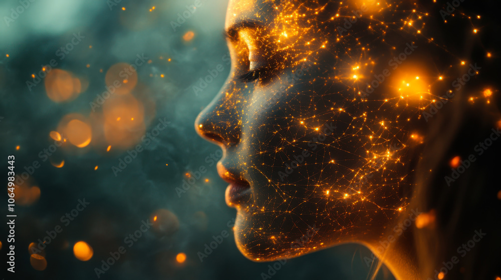 Poster a glowing silhouette of a woman with sparkling particles creating a mesmerizing effect against a dar