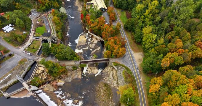 Flight above beautiful Ausable Chasm in the Adirondacks. Splendid nature of New York State, USA in autumn.
