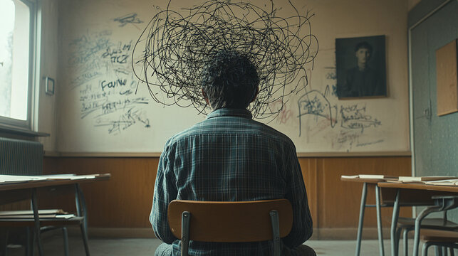 a Young person sitting in a classroom with hand drawn tangled thoughts. Mental health concept. 