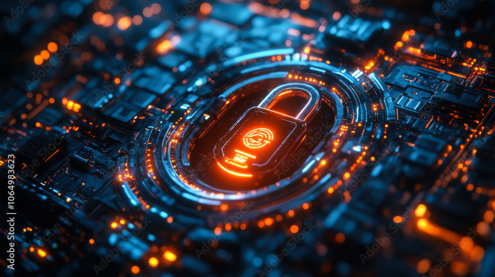 Poster a futuristic digital lock symbolizing cybersecurity on a high-tech circuit board illuminated in blue