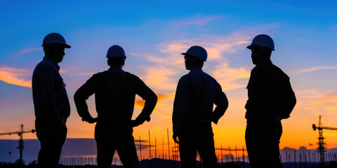 silhouette shot engineer discussion at construction site under sunset time