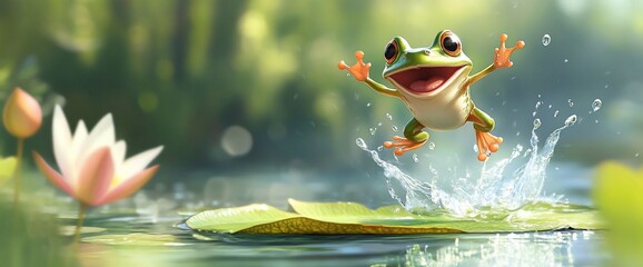 A cheerful green frog leaps from a lily pad in a pond, splashing water as it jumps.