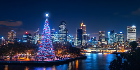 Fototapeta premium Vibrant cityscape with illuminated Christmas tree