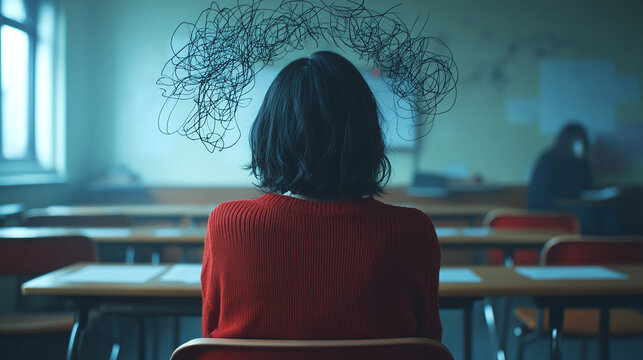 a Young Woman sitting in a classroom with hand drawn tangled thoughts. Mental health concept.  - Powered by Adobe