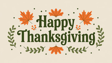 Obraz premium Happy Thanksgiving greeting with autumn leaves and sprigs..