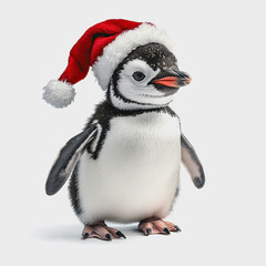 Obraz premium Cute Penguin Wearing Santa Hat on White Background