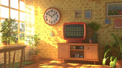 Retro living room with a vintage TV and clock, sun shining through the window, plants and a wooden cabinet.