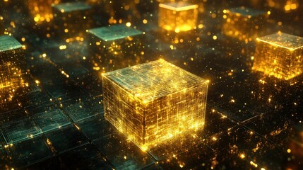 Digital gold tokens on a blockchain ledger, glowing as they represent virtual wealth in a networked space