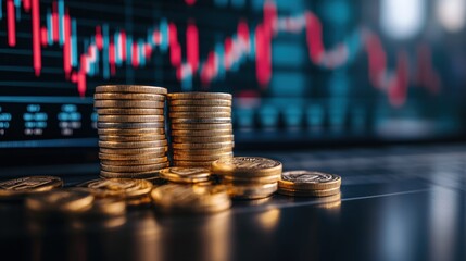 Gold bars and coins displayed alongside financial charts in a modern gold trading market