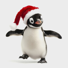 Fototapeta premium Cute Penguin in Santa Hat on White Background