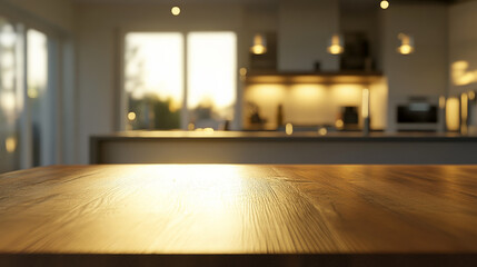 A wooden dining table with a kitchen in the background
