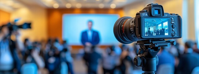 Newsmakers in Focus: Journalists Capture the Essence of a Press Conference.Concept of news conference, press release, media event, public relations, corporate communication.