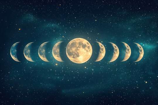 Stylized lunar calendar showcasing moon phases in a celestial background for astrological insights and artistic inspiration