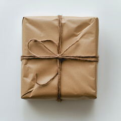 Brown Wrapped Christmas Present on White Background