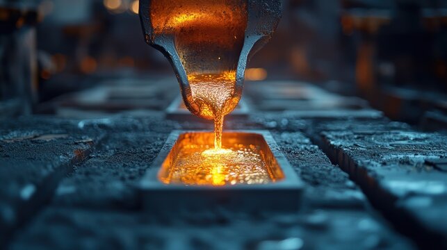 Molten gold being poured into molds, transforming old jewelry into new gold bars