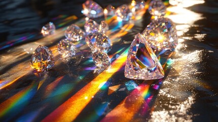 Multiple diamonds scattered on a sunlit surface, their facets catching the light and refracting it into colorful beams
