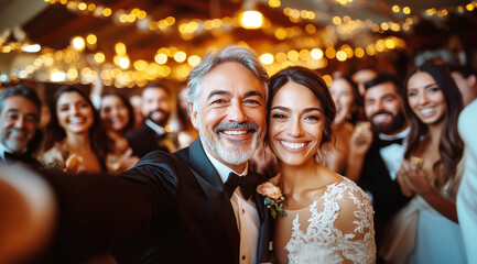 Fototapeta premium Celebración de bodas. Un hombre y su hija sonríen a la cámara en una boda. El hombre lleva un esmoquin y la mujer un vestido de novia.
