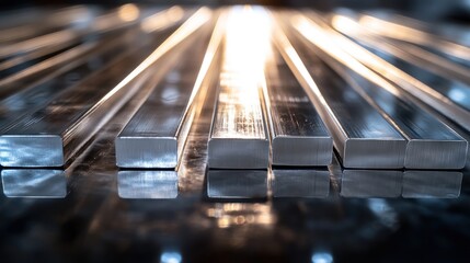 Multiple silver bars arranged on a glossy black surface, their edges gleaming under bright lighting