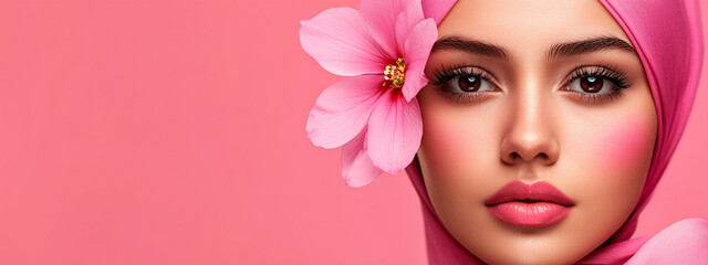 Fototapeta premium Beautiful young woman with flowers and petals on her face. Beauty parlor horizontal banner concept, copyspace Pink background. 
