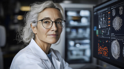 A quantum error correction specialist examines qubit coherence data on her computer, surrounded by advanced quantum circuit diagrams and error rate visualizations in a high-tech laboratory