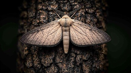 A close-up image of a moth resting on textured bark, showcasing its intricate wing patterns and natural camouflage.
