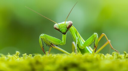 A close-up of a vibrant green praying mantis on moss, showcasing its intricate features and natural habitat in soft, blurred greenery.