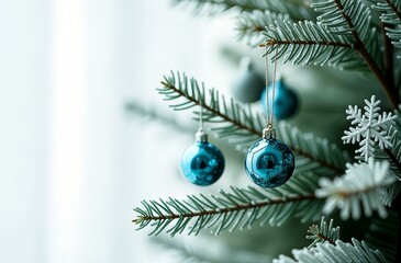 Beautiful green New Year's tree, branches covered with frost with blue and silver New Year's toys on a white background