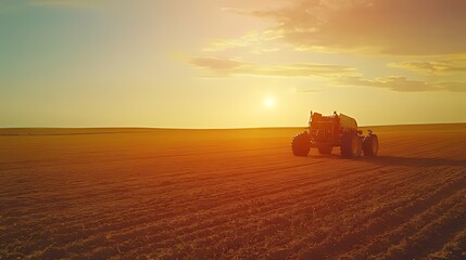 Fototapeta premium Tractor spraying a field at sunset.
