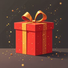 Card with red gift box with gold glitter and golden bow