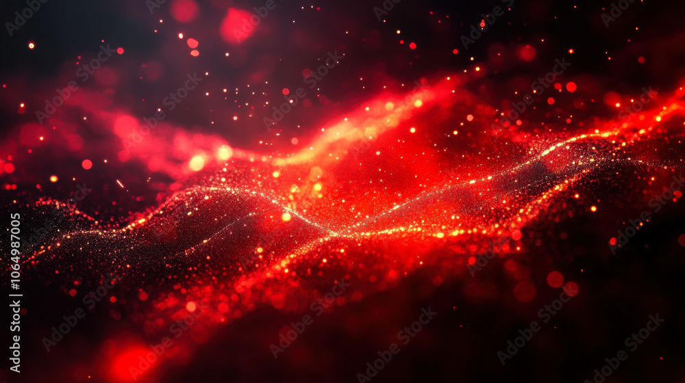 Poster vibrant red and gold waves of light with sparkling particles swirling in a dark background, creating