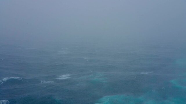 Tokyo, Japan, 4k, Panoramic view of the Pacific Ocean, with fog, with big waves, during a typhoon