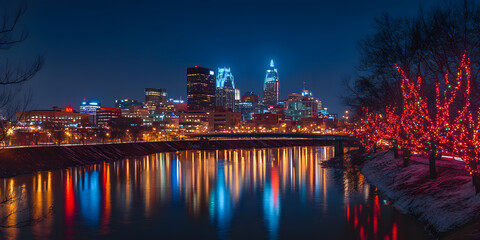 Naklejka premium Serene nighttime city skyline reflection