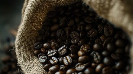 Sunlight gently illuminates a burlap sack as it releases freshly harvested coffee beans, showcasing their rich texture and color. The scene captures the essence of a tranquil morning.