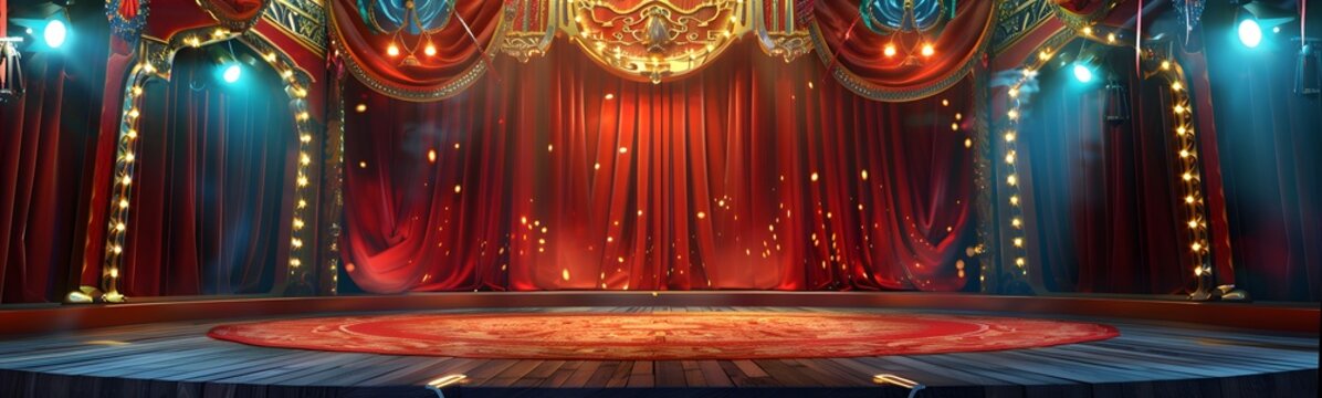 Circus stage podium background 3D carnival light red show curtain. Circus platform stage podium tent theater arena sign vintage spotlight circle stand bulb ringmaster ring cirque cartoon party cinema.