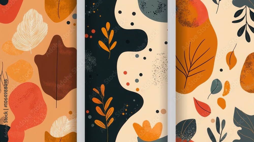 Poster dynamic patterns featuring abstract leaf shapes in earthy tones for modern design projects